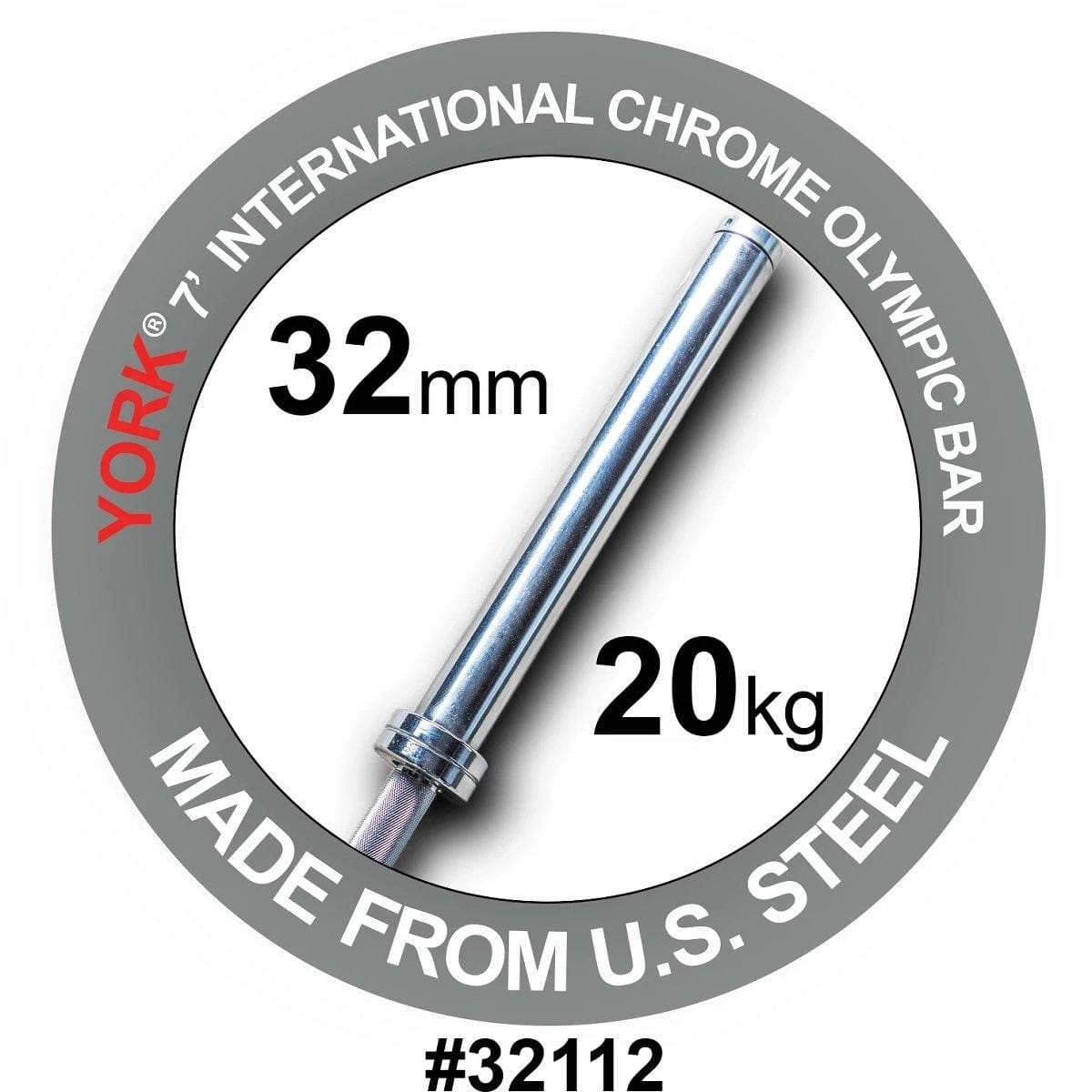 York Barbell 7' International Chrome Olympic Bar 32mm